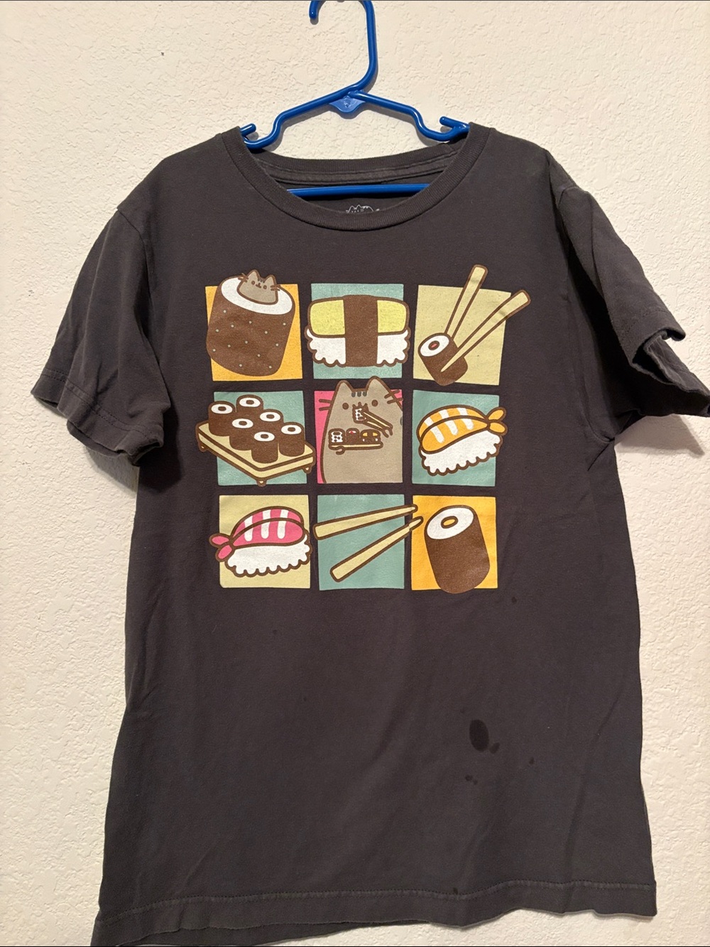 Pusheen Sushi Grid Graphic Tee - Charcoal, Cream, Yellow, Pink, Blue, Brown